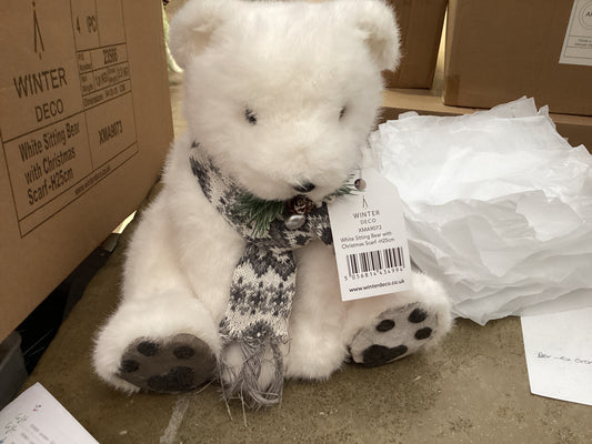 APAC White Sitting Bear with Christmas Scarf